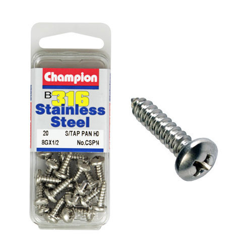 CHAMPION CSP14 STAINLESS STEEL SELF TAPPING PAN HEAD SCREWS 8g x 1/2" PACK OF 20
