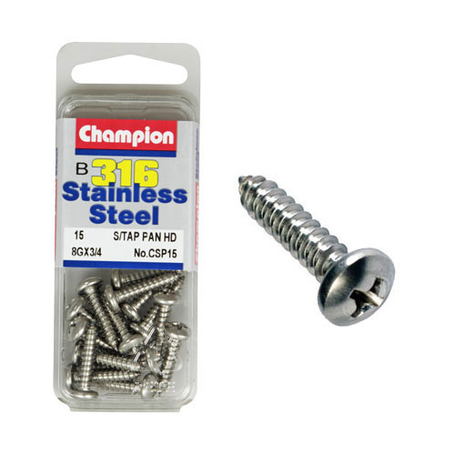 CHAMPION CSP15 STAINLESS STEEL SELF TAPPING PAN HEAD SCREWS 8g x 3/4" PACK OF 15