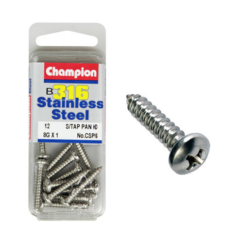 CHAMPION CSP16 STAINLESS STEEL SELF TAPPING PAN HEAD SCREWS 8g x 1" PACK OF 12