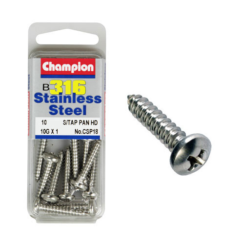 CHAMPION CSP18 STAINLESS STEEL SELF TAPPING PAN HEAD SCREWS 10g x 1" PACK OF 10