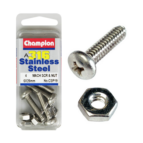 CHAMPION CSP19 316 STAINLESS STEEL PAN HEAD SCREWS & NUTS 6mm x 25mm PACK OF 4