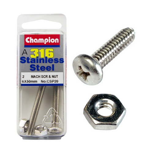 CHAMPION CSP20 316 STAINLESS STEEL PAN HEAD SCREWS & NUTS 6mm x 50mm PACK OF 2