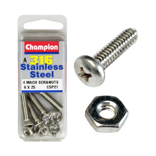 CHAMPION CSP21 STAINLESS STEEL COUNTER SUNK SCREWS & NUTS 6mm x 25mm PACK OF 4