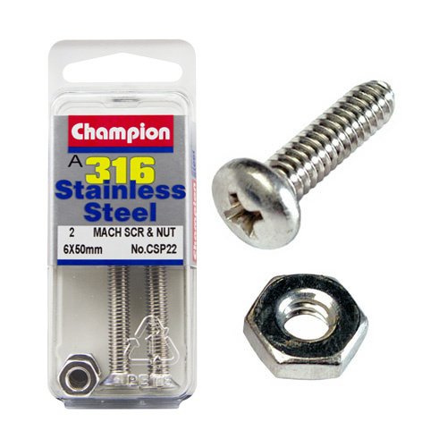 CHAMPION CSP22 STAINLESS STEEL COUNTER SUNK SCREWS & NUTS 6mm x 50mm PACK OF 2