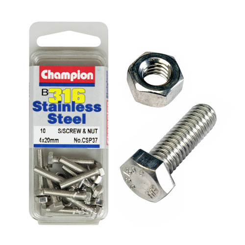 CHAMPION CSP37 316 STAINLESS STEEL METRIC BOLTS & NUTS 4mm x 20mm PACK OF 10