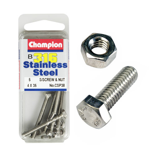 CHAMPION CSP38 316 STAINLESS STEEL METRIC BOLTS & NUTS 4mm x 35mm PACK OF 5