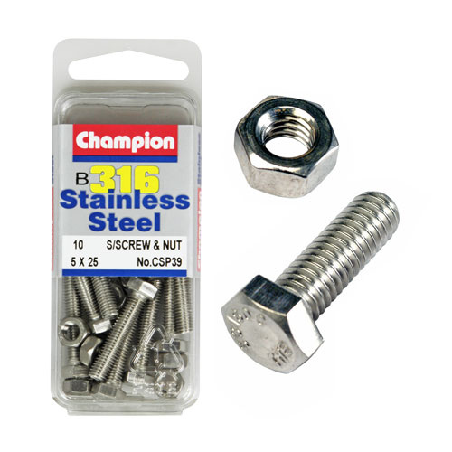 CHAMPION CSP39 316 STAINLESS STEEL METRIC BOLTS & NUTS 5mm x 25mm PACK OF 10