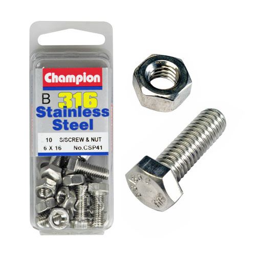 CHAMPION CSP41 316 STAINLESS STEEL METRIC BOLTS & NUTS 6mm x 16mm PACK OF 10