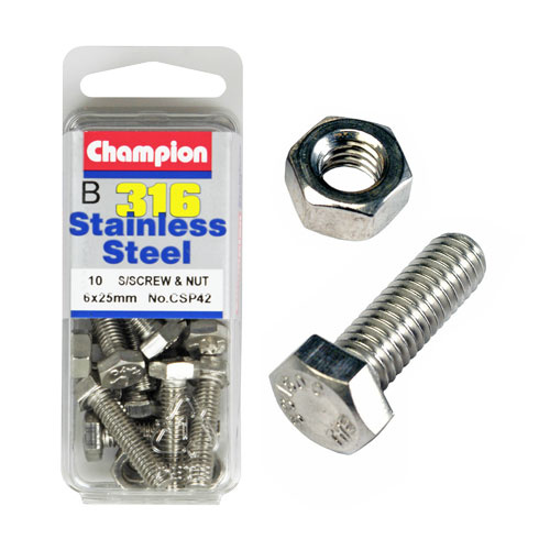 CHAMPION CSP42 316 STAINLESS STEEL METRIC BOLTS & NUTS 6mm x 25mm PACK OF 10