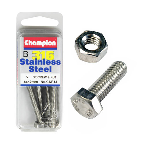 CHAMPION CSP43 316 STAINLESS STEEL METRIC BOLTS & NUTS 6mm x 40mm PACK OF 5