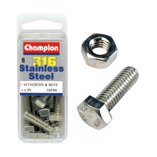 CHAMPION CSP44 316 STAINLESS STEEL METRIC BOLTS & NUTS 8mm x 25mm PACK OF 5