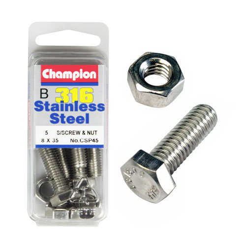 CHAMPION CSP45 316 STAINLESS STEEL METRIC BOLTS & NUTS 8mm x 35mm PACK OF 5