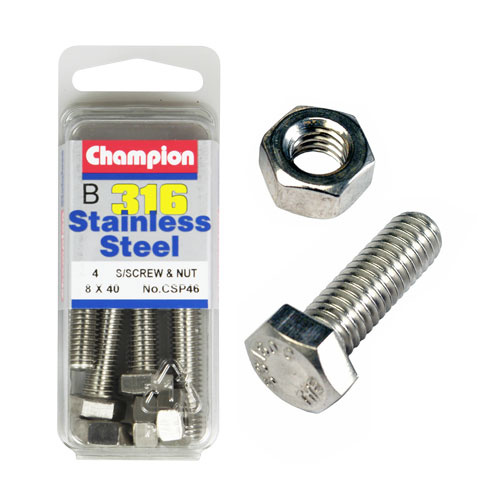 CHAMPION CSP46 316 STAINLESS STEEL METRIC BOLTS & NUTS 8mm x 40mm PACK OF 4