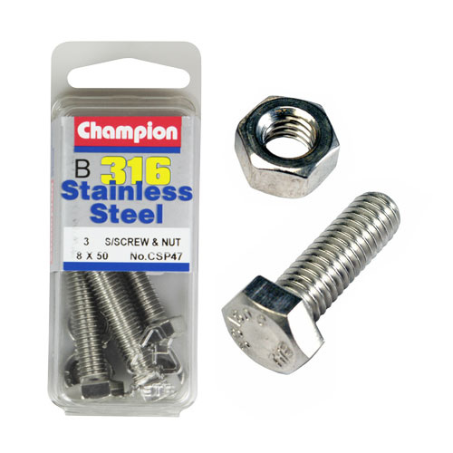CHAMPION CSP47 316 STAINLESS STEEL METRIC BOLTS & NUTS 8mm x 50mm PACK OF 3