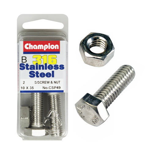 CHAMPION CSP49 316 STAINLESS STEEL METRIC BOLTS & NUTS 10mm x 35mm PACK OF 2