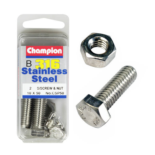 CHAMPION CSP50 316 STAINLESS STEEL METRIC BOLTS & NUTS 10mm x 50mm PACK OF 2