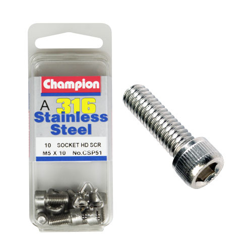 CHAMPION CSP51 316 STAINLESS STEEL METRIC HEX HEAD 5mm x 10mm PACK OF 10