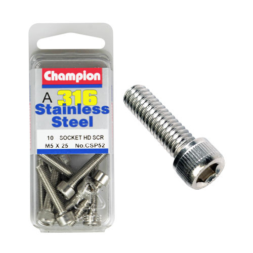 CHAMPION CSP52 316 STAINLESS STEEL METRIC HEX HEAD 5mm x 25mm PACK OF 10
