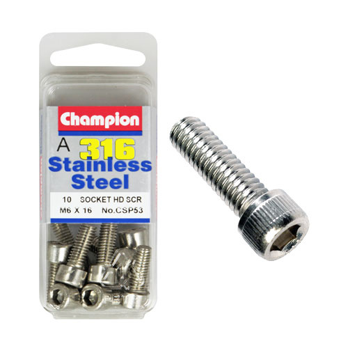CHAMPION CSP53 316 STAINLESS STEEL METRIC HEX HEAD 6mm x 16mm PACK OF 10