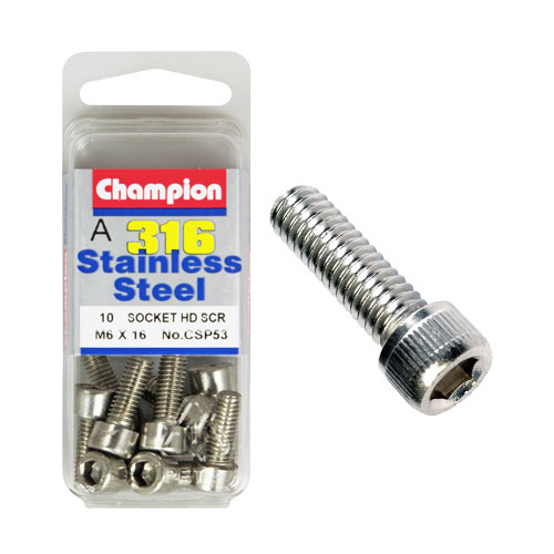 CHAMPION CSP53 316 STAINLESS STEEL METRIC HEX HEAD 6mm x 16mm PACK OF 10