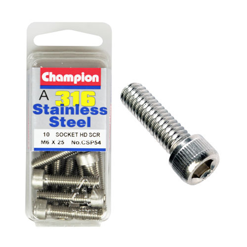 CHAMPION CSP54 316 STAINLESS STEEL METRIC HEX HEAD 6mm x 25mm PACK OF 10