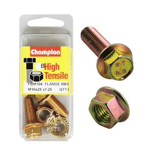 Champion FBM104 High Tensile Flange Bolts & Nuts M10 x 1.25 x 25mm Pack of 3