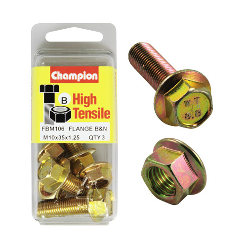 Champion FBM106 High Tensile Flange Bolts & Nuts M10 x 1.25 x 35mm Pack of 3