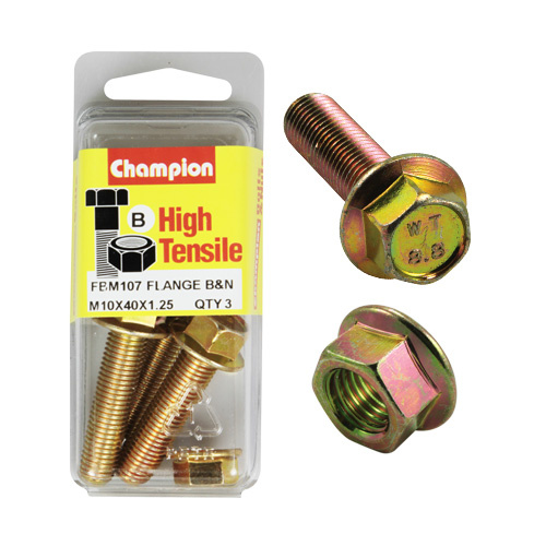 Champion FBM107 High Tensile Flange Bolts & Nuts M10 x 1.25 x 40mm Pack of 3