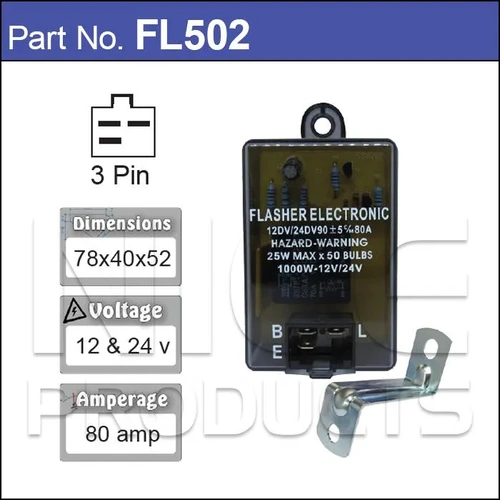 Nice FL502 Electric Flasher Unit 3 Pin 12V 24V 80 Amp Right Angle Plug