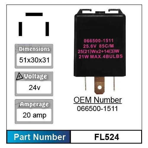 Nice FL524 Electric Flasher Unit 3 Pin 24V 20 Amp for Isuzu Models 066500-1511