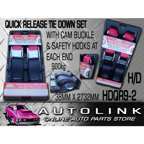 TIE DOWN SET QUICK RELEASE WITH CAM BUCKLE & SAFETY HOOKS AT EACH END ATV QUAD 