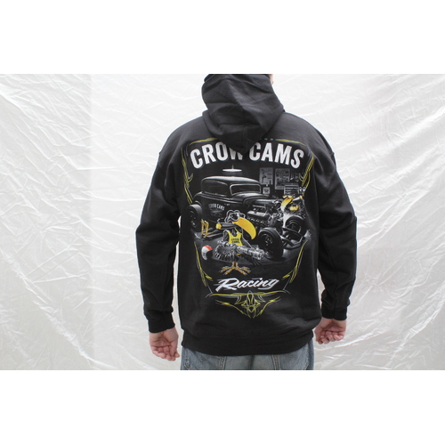 CROW CAMS BLACK HOODIE HOT ROD GARAGE LARGE PRINT ON BACK & CROW ON FRONT- SMALL