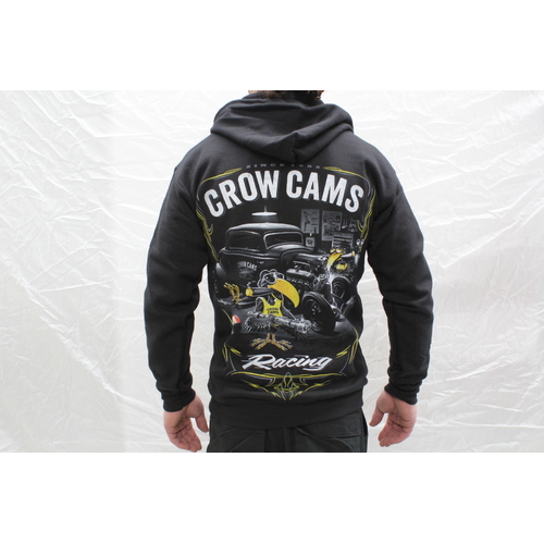 CROW CAMS BLACK HOODIE - ZIP FRONT & HOT ROD GARAGE LARGE PRINT ON BACK (SMALL) 