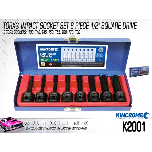 KINCROME K2001 TORX IMPACT SOCKET SET 8 PIECE 1/2" DRIVE INC METAL TIN