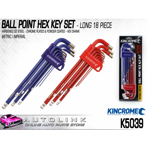 KINCROME BALL POINT HEX KEY SET 18 PIECE - LONG SERIES K5039