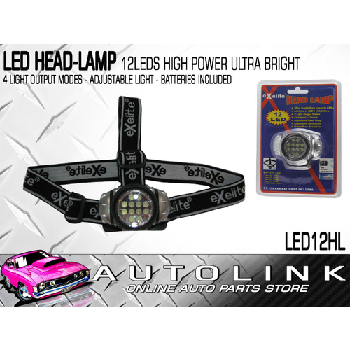 EXELITE 12 LEDS HEAD-LAMP, 4 LIGHT OUTPUT MODES ADJUSTABLE HEAD STRAP - BATT INC