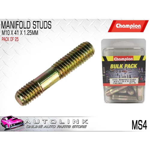 CHAMPION FASTENERS MS4 METRIC STEEL MANIFOLD STUDS M10 x 1.25 x 41mm PACK OF 25