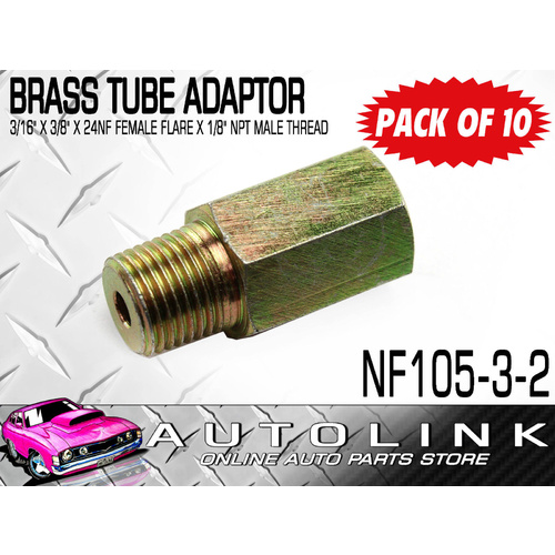 BRASS TUBE ADAPTOR FOR 3/16" BUNDY TUBE 3/8"x24NF FEM FLARE x1/8" NPT MALE (x10