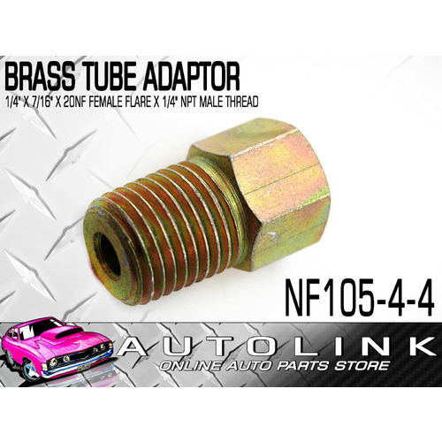 BRASS TUBE ADAPTOR FOR 1/4" BUNDY TUBE 7/16"x20NF FEMALE FLARE x1/4" NPT MALE