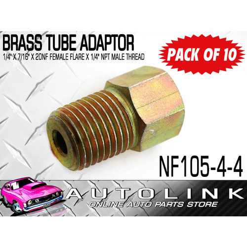 BRASS TUBE ADAPTORS FOR 1/4" BUNDY TUBE 7/16"x20NF FEM FLARE x1/4" NPT MALE x10