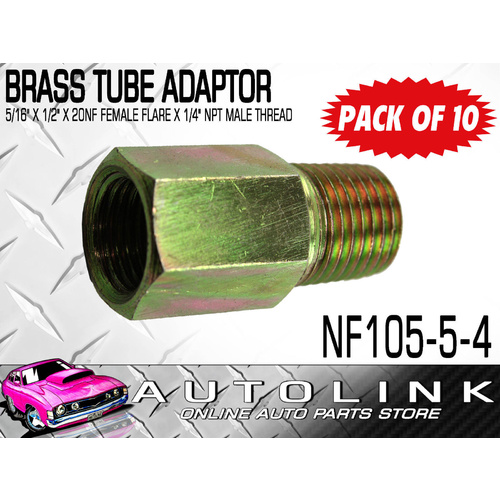 BRASS TUBE ADAPTORS FOR 5/16" BUNDY TUBE 1/2"x20NF FEM FLARE x1/4"NPT MALE x10