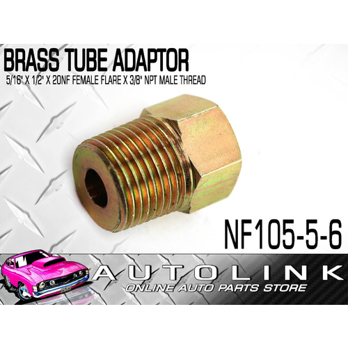 BRASS TUBE ADAPTOR - FOR 5/16" BUNDY TUBE 1/2"x20NF FEM FLARE x 3/8" NPT MALE