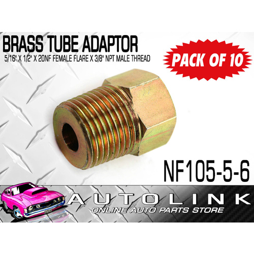BRASS TUBE ADAPTORS FOR 5/16" BUNDY TUBE 1/2"x20NF FEM FLAREx3/8" NPT MALE x10