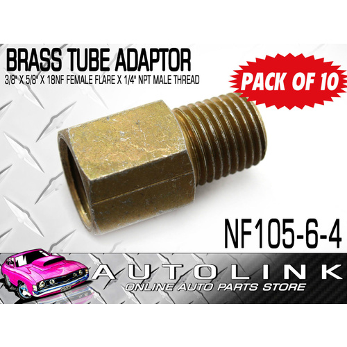 BRASS TUBE ADAPTORS FOR 3/8" BUNDY TUBE 5/8"x18NF FEM FLARE x1/4" NPT MALE x10