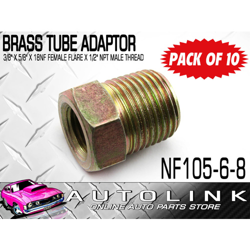 BRASS TUBE ADAPTORS FOR 3/8" BUNDY TUBE 5/8"x18NF FEM FLARE x 1/2" NPT MALE x10