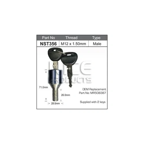 Nice NST356 Spare Wheel Lock Nut Bolt Male with x2 Keys M12 x 1.5 MR508387
