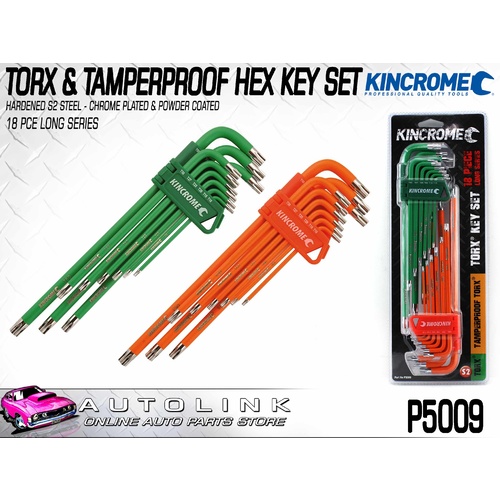 KINCROME TORX & TAMPERPROOF TORX HEX KEY SET LONG - 18 PIECE HARDENED S2 STEEL
