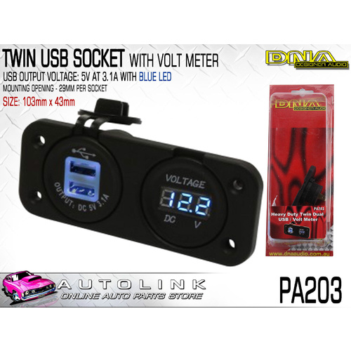 DNA HEAVY DUTY DUAL USB SOCKETS + VOLT METER, BLUE LED (SIZE: 103mm x 43mm)
