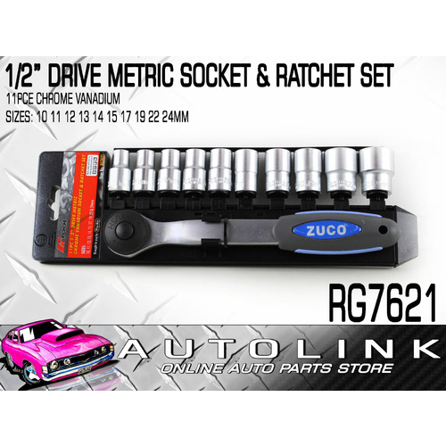 1/2” DRIVE METRIC SOCKET & RATCHET SET SIZES 10-24m 11 PIECE CHROME VANADIUM KIT