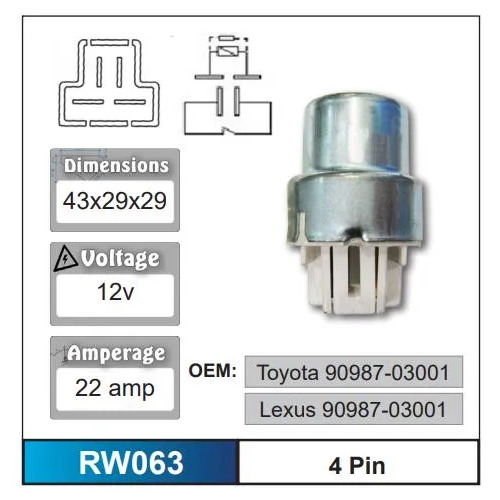 Nice RW063 Relay 4 Pin 22 Amp 12 Volt for Lexus & Toyota Models OEM 90987-03001